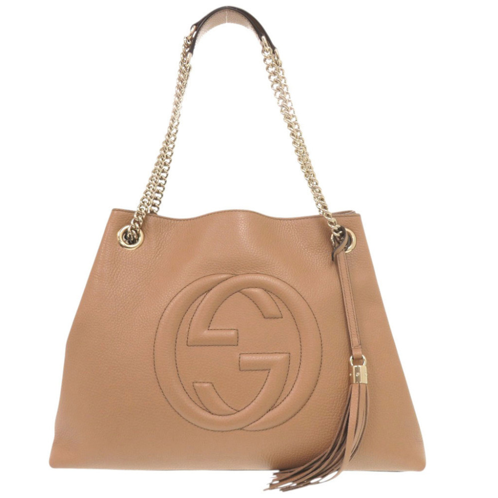 Gucci Soho Interlocking G 536196 Leather Beige Chain Shoulder Tote Bag 0788GUCCI